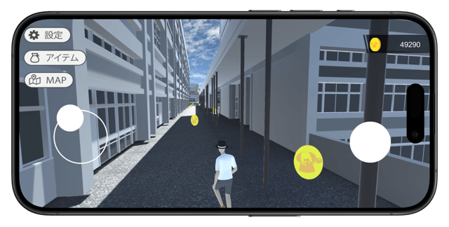 キャンパスの通路でキャラクターがコインを集めるゲーム画面
