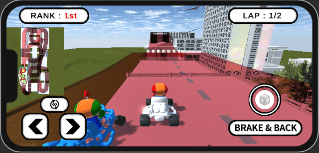 「矢口カー」モードでキャンパス内をカートで疾走するゲーム画面